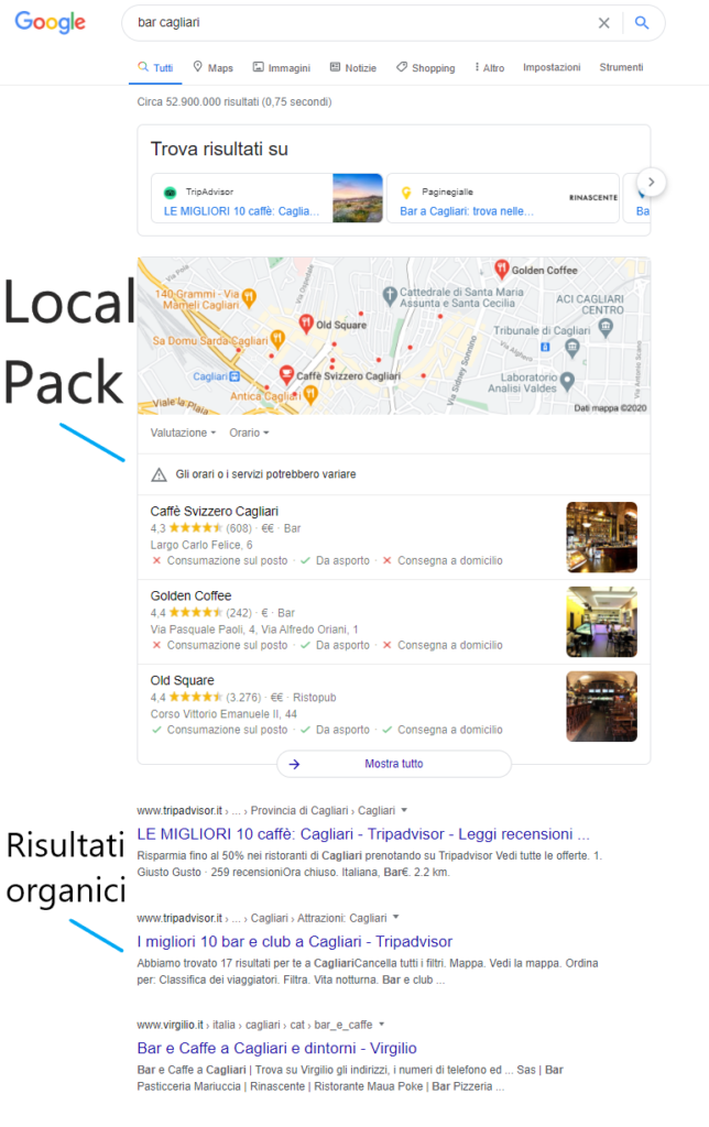 local pack / snack pack google vs risultati di ricerca organici nella seo locale